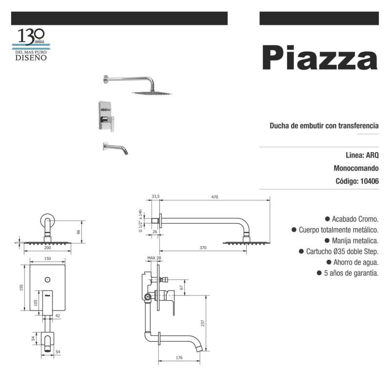 Grifería Ducha Embutir C/Transferencia Piazza Arq 10406 Cromo