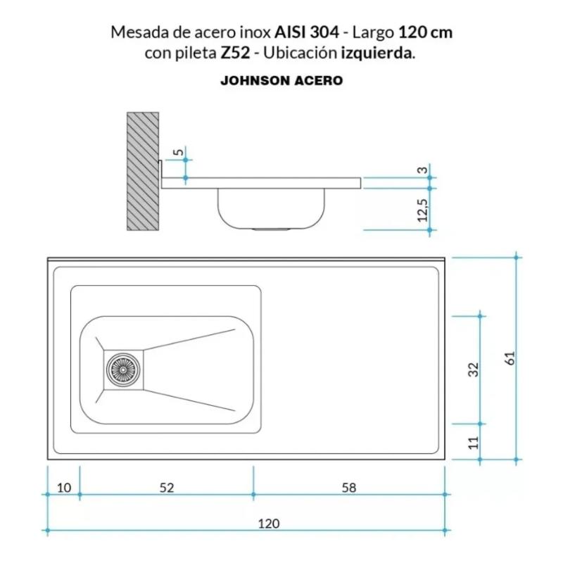 Mesada Cocina AISI 304 De 120cm Con Bacha Z52 Lado Izquierdo Johnson