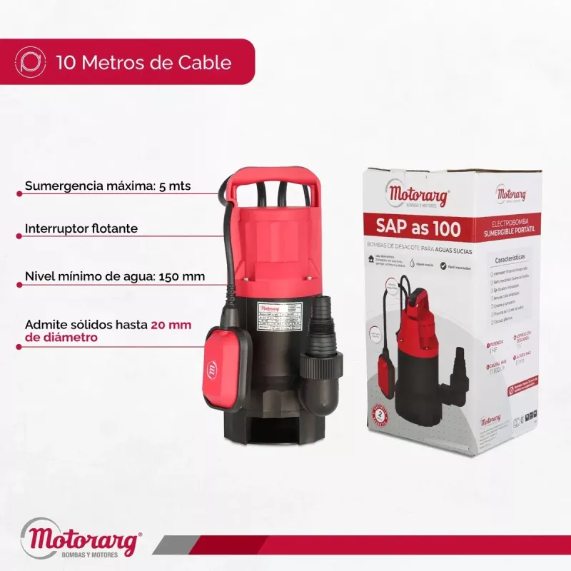 Bomba Sumergible Desagote MOTORARG SAPas 1.0 HP Agua Sucia