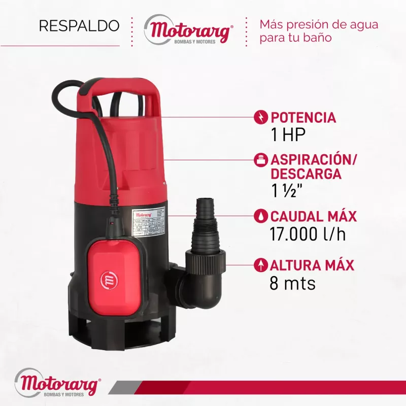 Bomba Sumergible Desagote MOTORARG SAPas 1.0 HP Agua Sucia