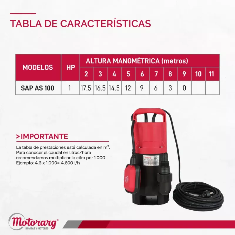 Bomba Sumergible Desagote MOTORARG SAPas 1.0 HP Agua Sucia