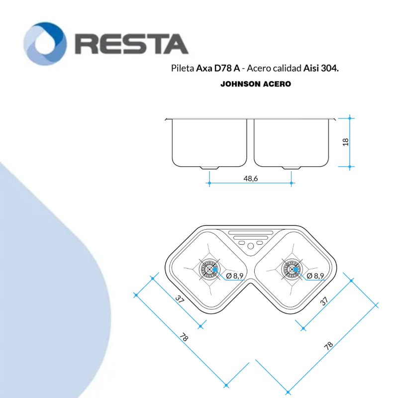 Bacha Cocina Doble Esquinera Johnson Acero Modelo Axa D78 A