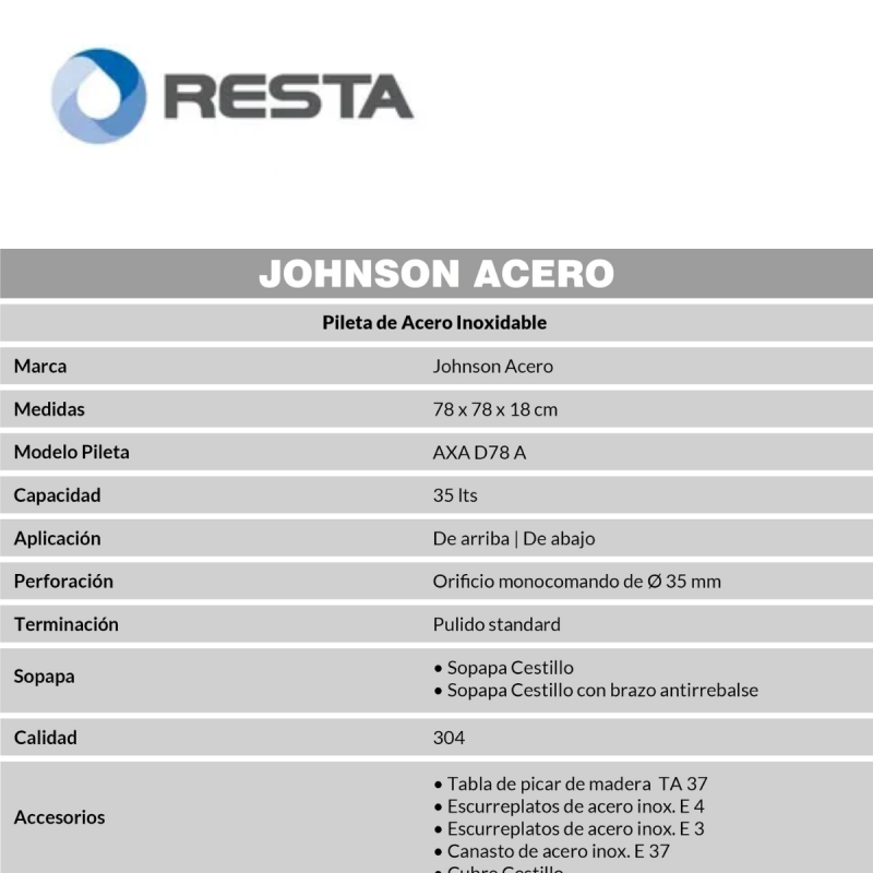 Bacha Cocina Doble Esquinera Johnson Acero Modelo Axa D78 A