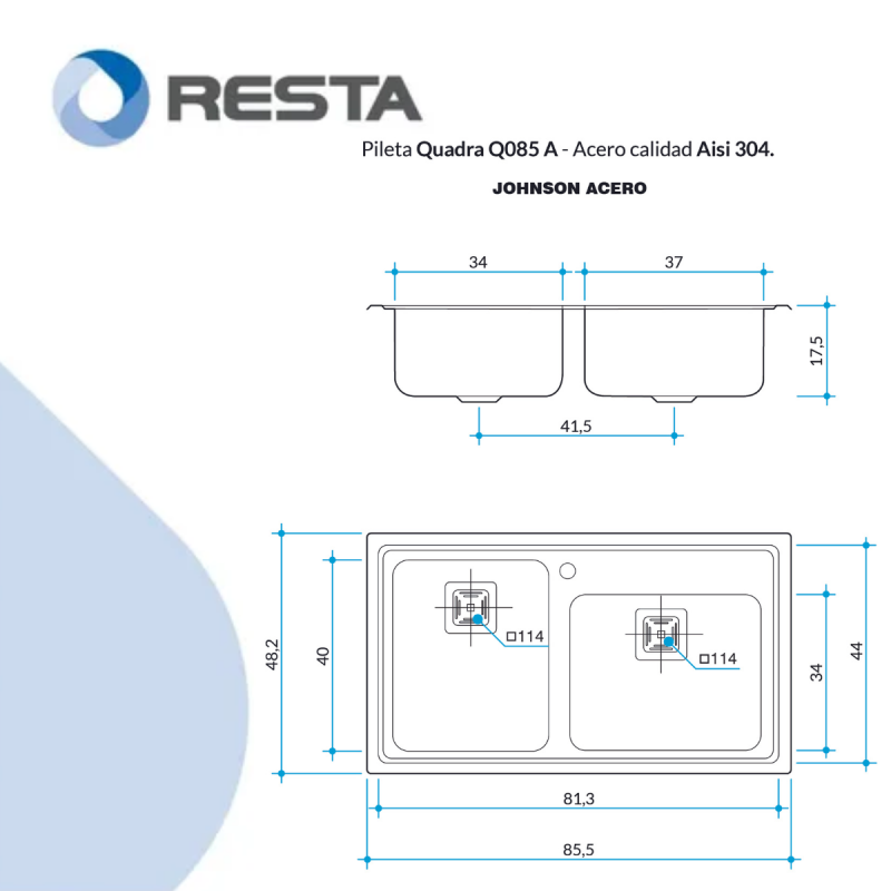 Bacha Pileta Doble Cocina Acero Inoxidable Johnson Q085 A