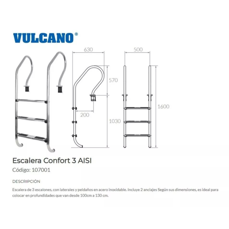 Escalera Acero Inoxidable Confort 3 Peldaños con anclajes Vulcano 107001