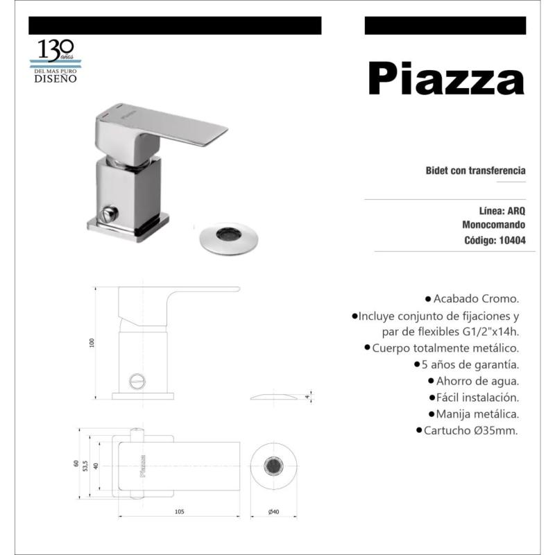 Grifería Baño Bidet Monocomando Piazza Arq 10404 Cromo