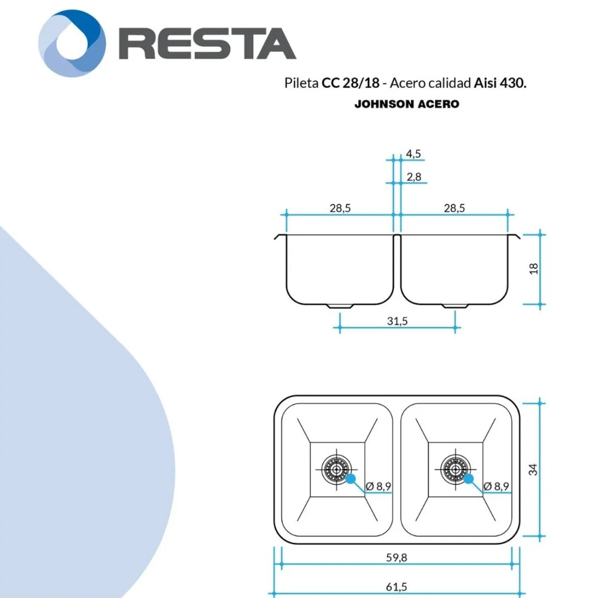 Pileta Doble Cocina Cc28/18 Johnson Acero Inox Aisi 430