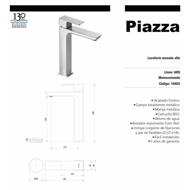 Grifería Lavatorio Alto Monocomando Baño Piazza Arq 10402 Cromo