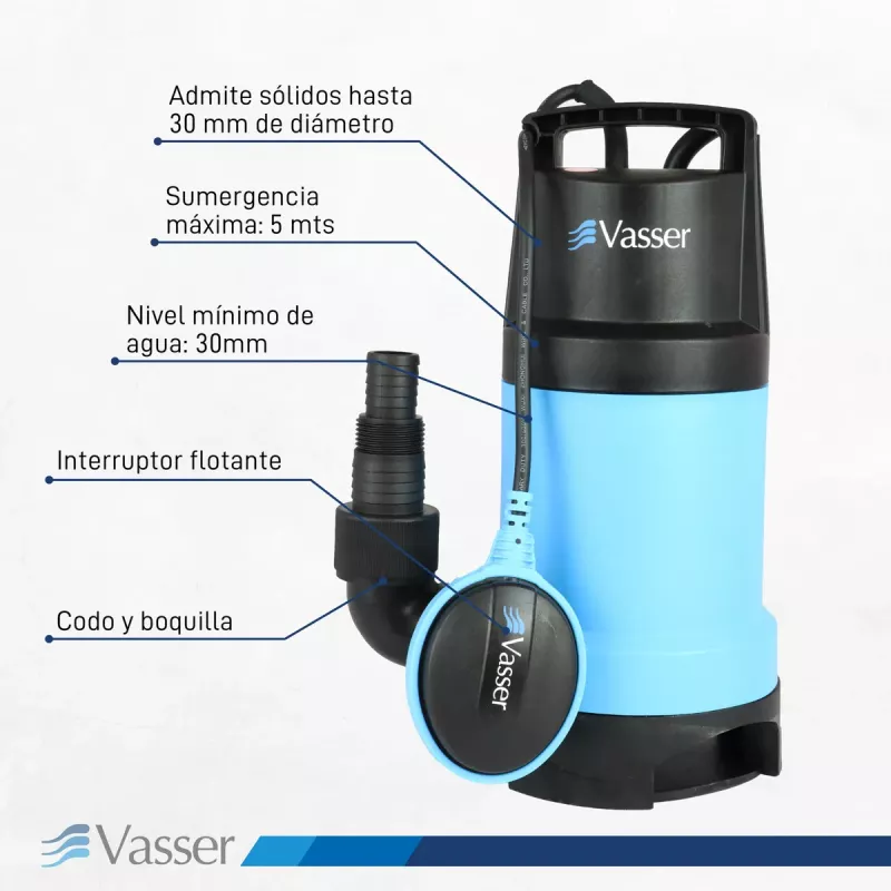 Bomba Sumergible Desagote Agua Sucia Vasser DE750PS 750W 10Mts cable