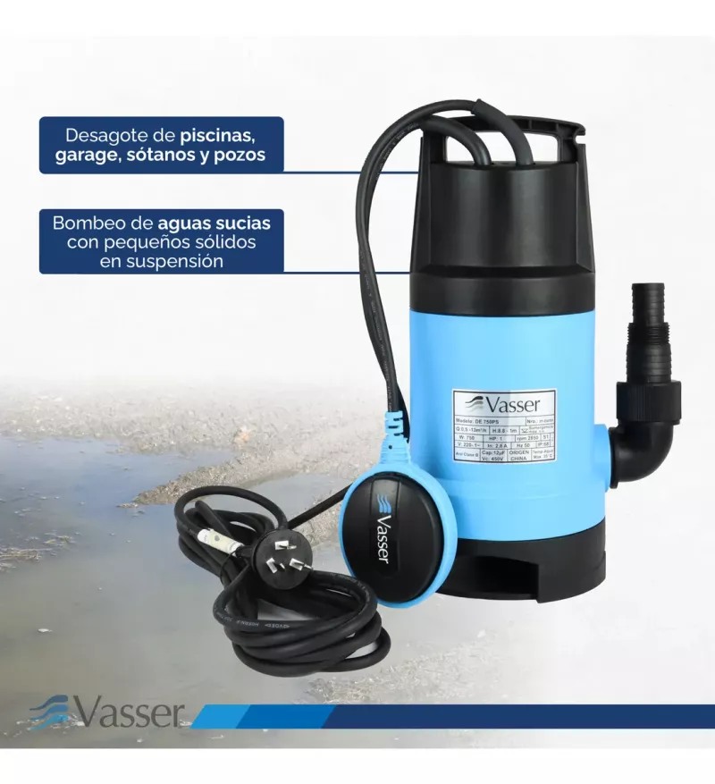 Bomba Sumergible Desagote Agua Sucia Vasser DE750PS 750W 10Mts cable