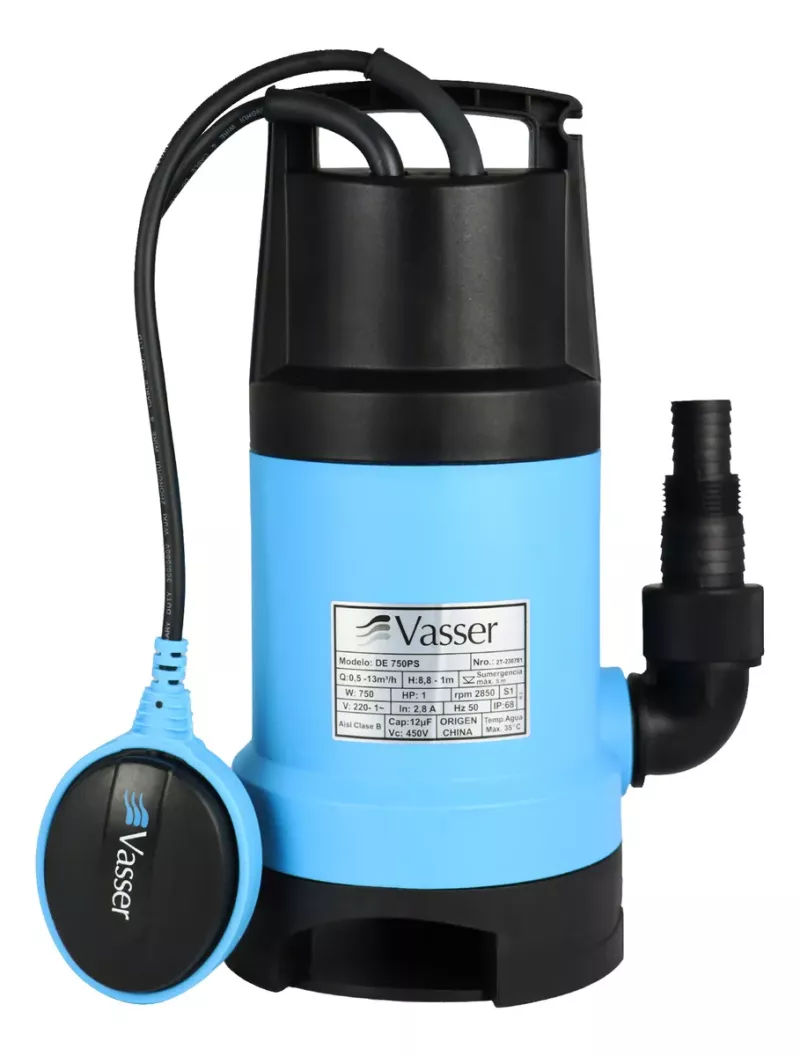 Bomba Sumergible Desagote Agua Sucia Vasser DE750PS 750W 10Mts cable