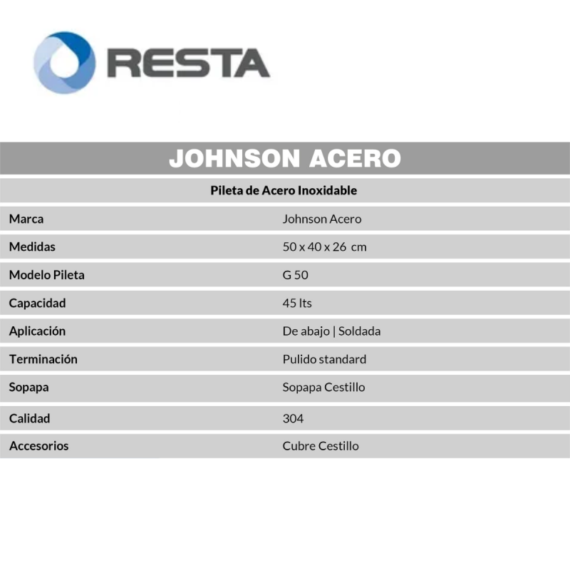 Bacha Pileta Cocina Johnson G50 Bajo Mesada Acero Inoxidable