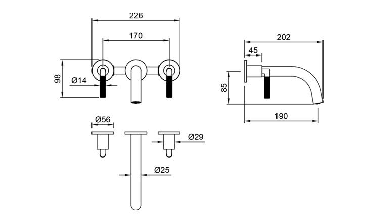 Grifería Lavatorio De Pared Bicomando Peirano Beat Niquel 62-201NI