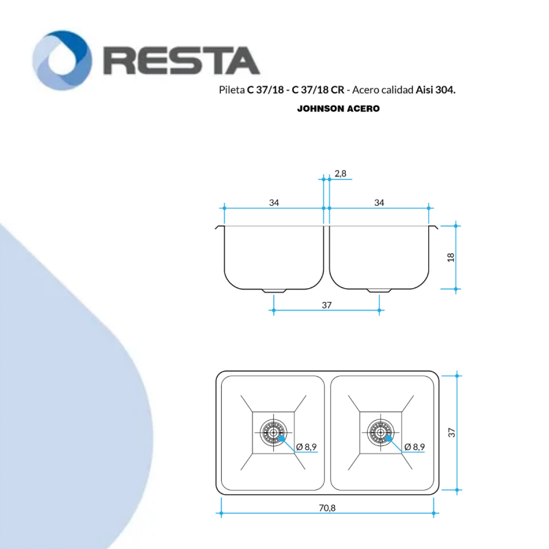 Bacha Pileta Doble Cocina Acero Inoxidable Johnson C37/18