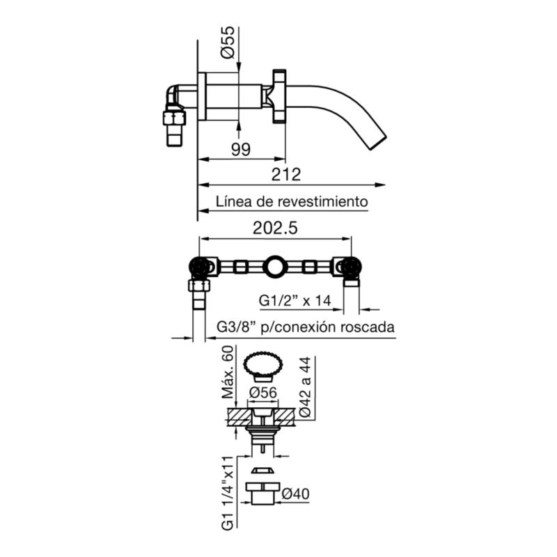Grifería Lavatorio Pared Embutir Fv Triades  0203/C3 Cromo