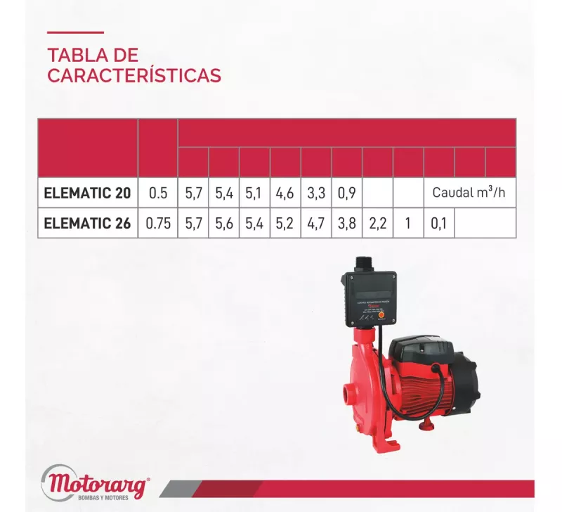 Bomba Centrífuga Inteligente Motorarg Elematic 26 0.75 HP 26 MTS