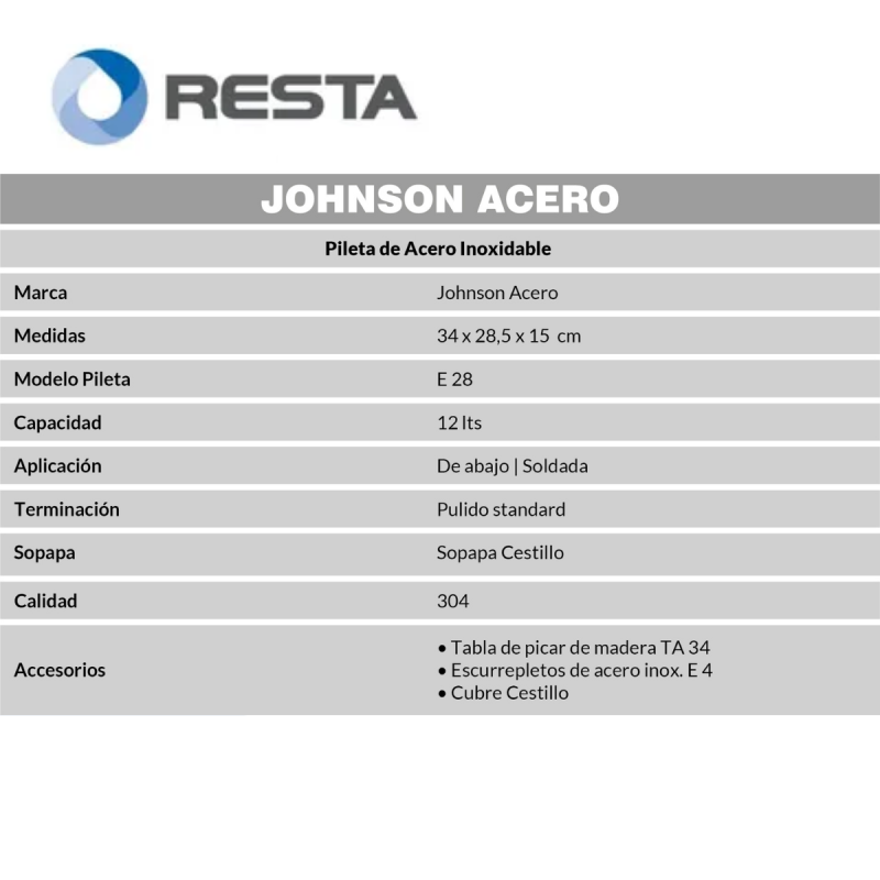 Bacha Pileta Cocina Simple Johnson E28 Acero Inoxidable