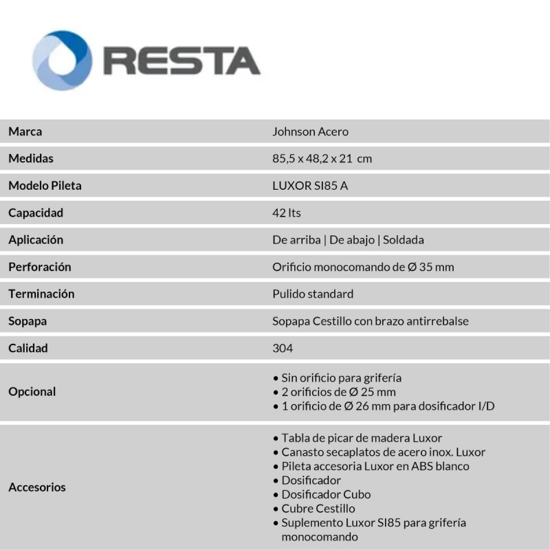 Bacha Cocina Johnson Luxor SI 85a + Dosificador Apido