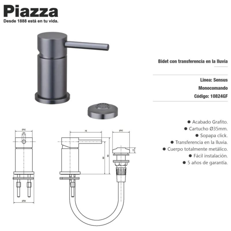 Grifería Bidet Monocomando con Transferencia Piazza Sensus 10824GF Grafito