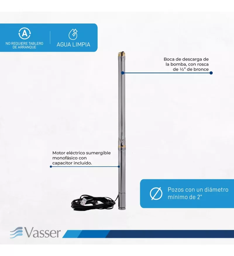 Bomba Sumergible Pozo VASSER de MOTORARG 2" BS2 Con Cable