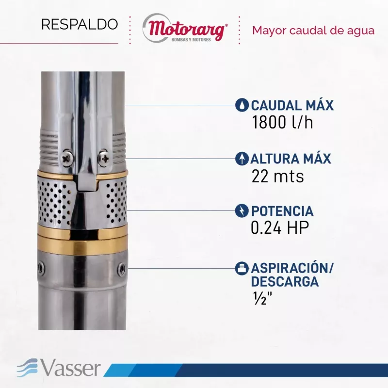 Bomba Sumergible Pozo VASSER de MOTORARG 2" BS2 Con Cable