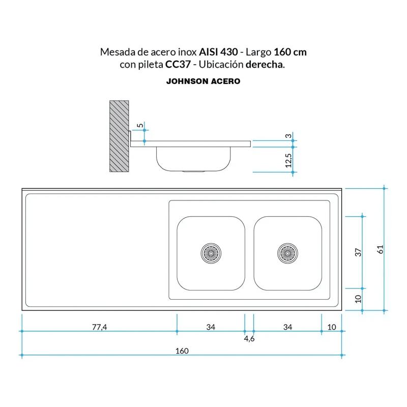 Mesada Cocina AISI 430 De 160cm Con Bacha Doble CC37 Lado Derecha Johnson