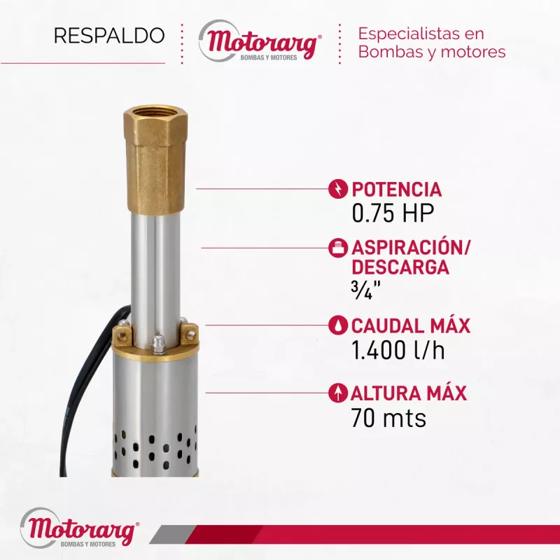 Bomba Sumergible de Pozo Motorarg 2" BMT 200 30 mts Cable