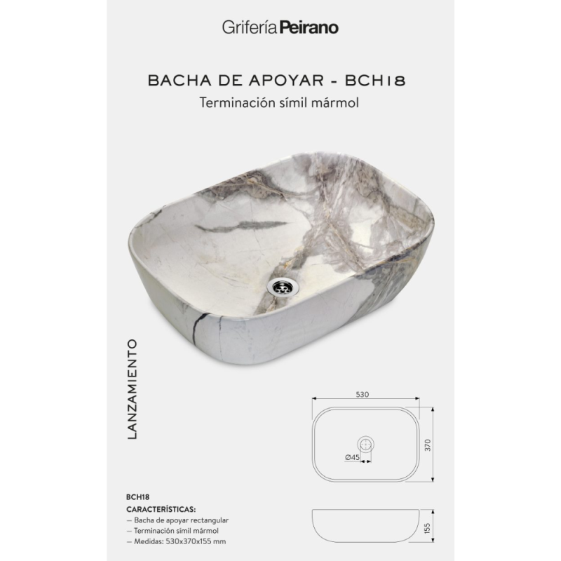 Bacha De Apoyar Baño Rectangular Marmolada Peirano BCH18