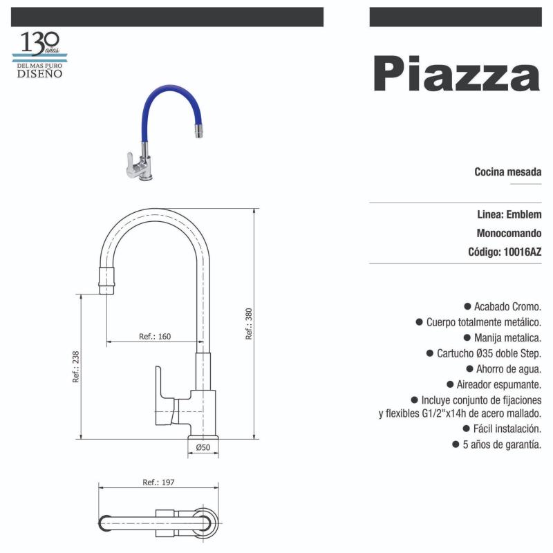 Grifería Monocomando Cocina Flexible Piazza Emblem Color Azul 10016AZ