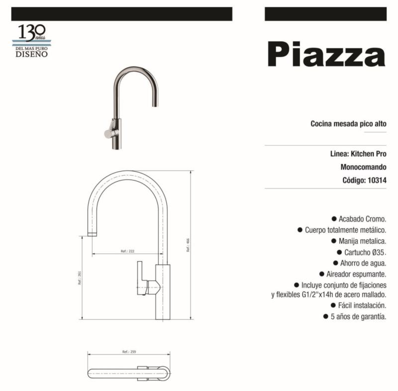 Grifería Monocomando Cocina Mesada Pico Alto Piazza Kitchen Pro 10314