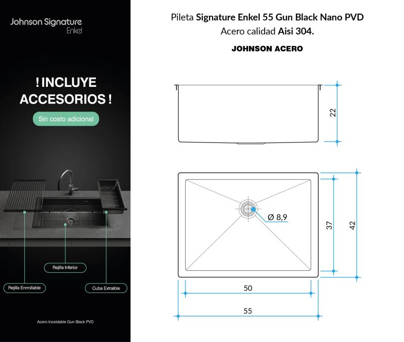 Bacha Cocina Johnson Acero Signature Enkel Gun Black Se55gb