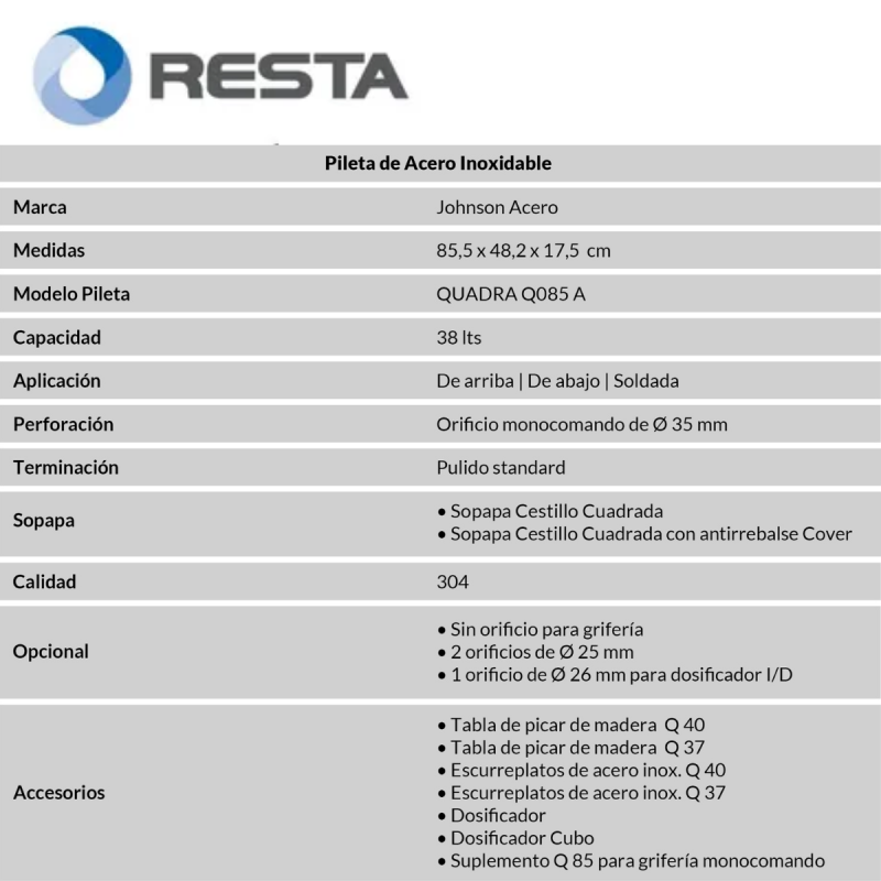 Bacha Orificio Derecho Doble Cocina Acero Inoxidable Johnson Q085 ADD
