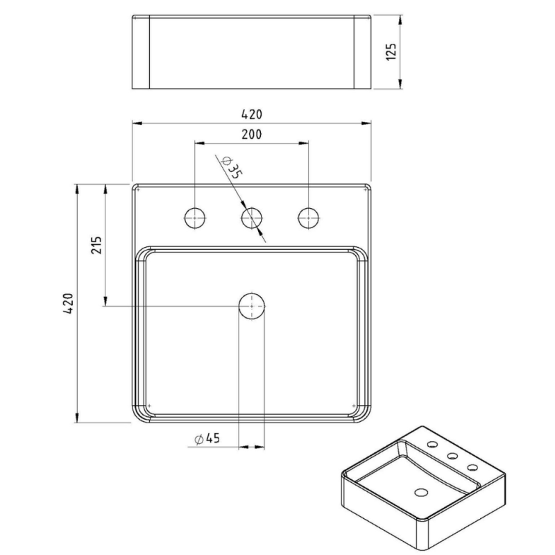 Bacha Apoyar Cuadrada 3 Agujeros Para Baño Blanco Peirano BCH04/3