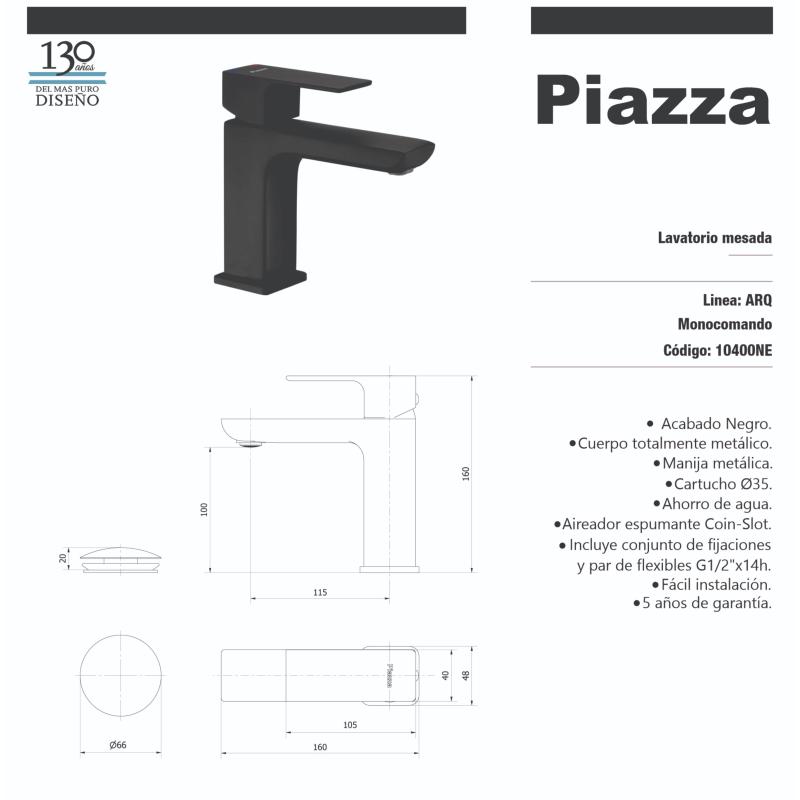 Grifería Monocomando Lavatorio Bajo Piazza Arq 10400NE