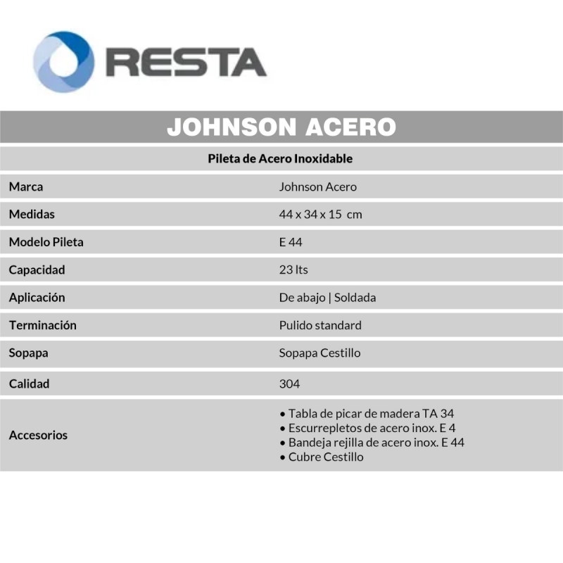 Bacha Pileta Simple Cocina Acero Inoxidable Johnson E44