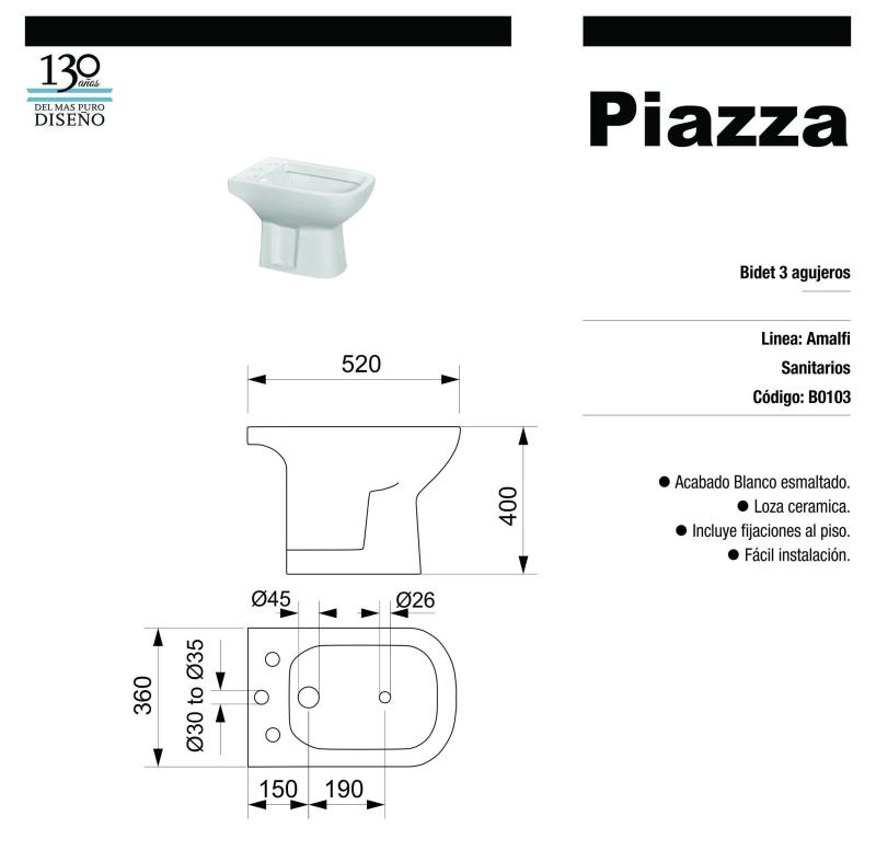 Bidet 3 Agujeros Piazza Amalfi B0103