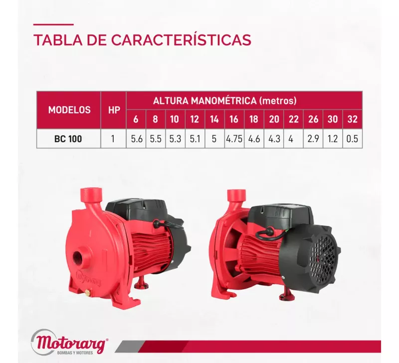 Bomba Centrífuga Motorarg BC100 1HP 5700 l/hs