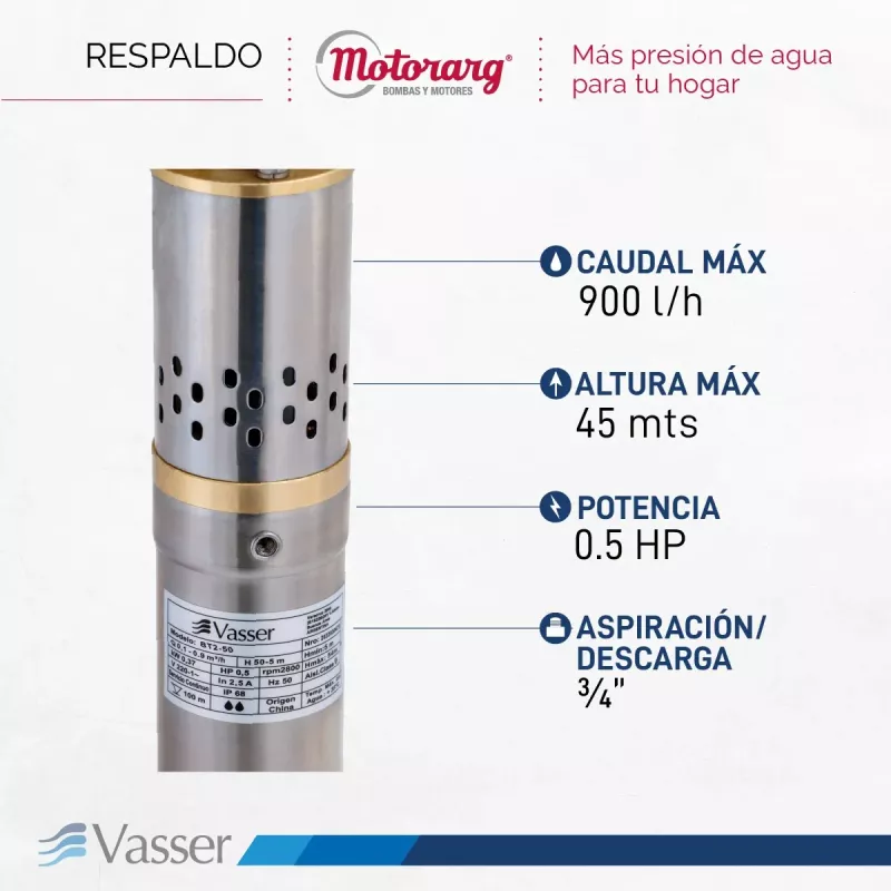 Bomba De Pozo Sumergible Motorarg Vasser BT2  2" 0.5 HP