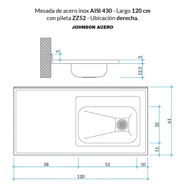 Mesada Cocina AISI 430 De 120cm Con Bacha ZZ52 Lado Derecha Johnson