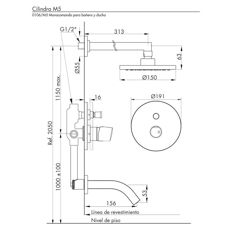 Grifería Monocomando Ducha Y Bañera Con Transferencia Fv Cilindra 0106/M5 Negro Mate