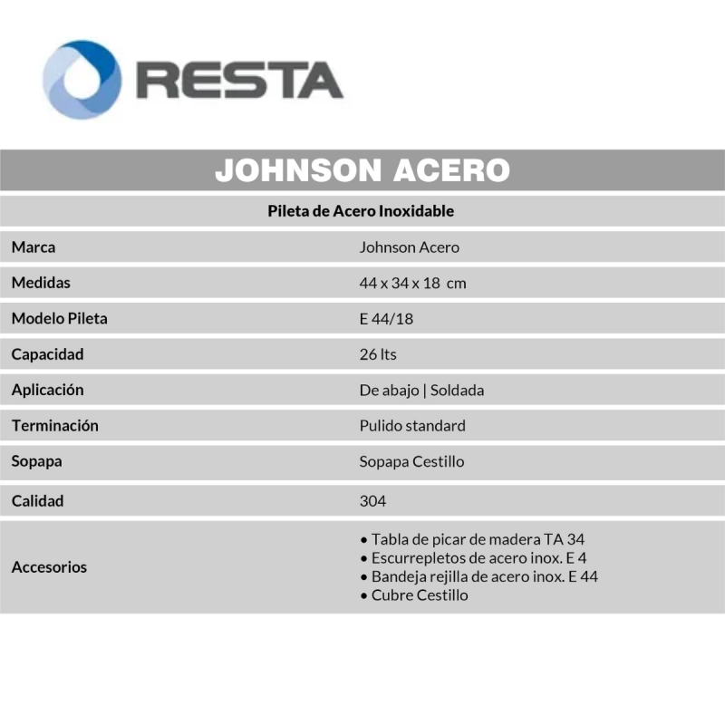 Bacha Pileta Simple Cocina Acero Inoxidable Johnson E44/18