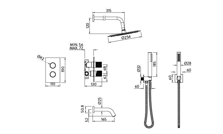 Ducha de Embutir Monocomando 3 funciones Peirano Fabric Gold 80-200G