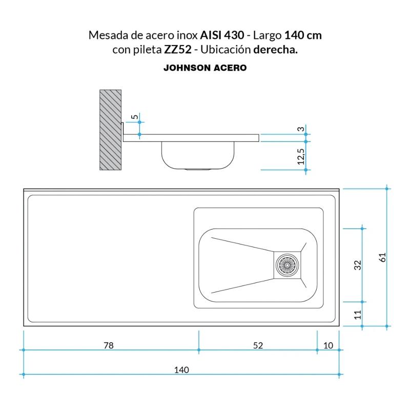 Mesada Cocina AISI 430 De 140cm Con Bacha ZZ52 Lado Derecha Johnson
