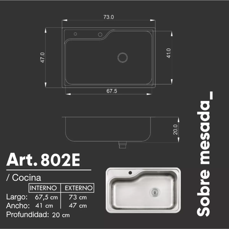 Bacha Pileta Cocina Simple Acero Inoxidable Mi Pileta 802E