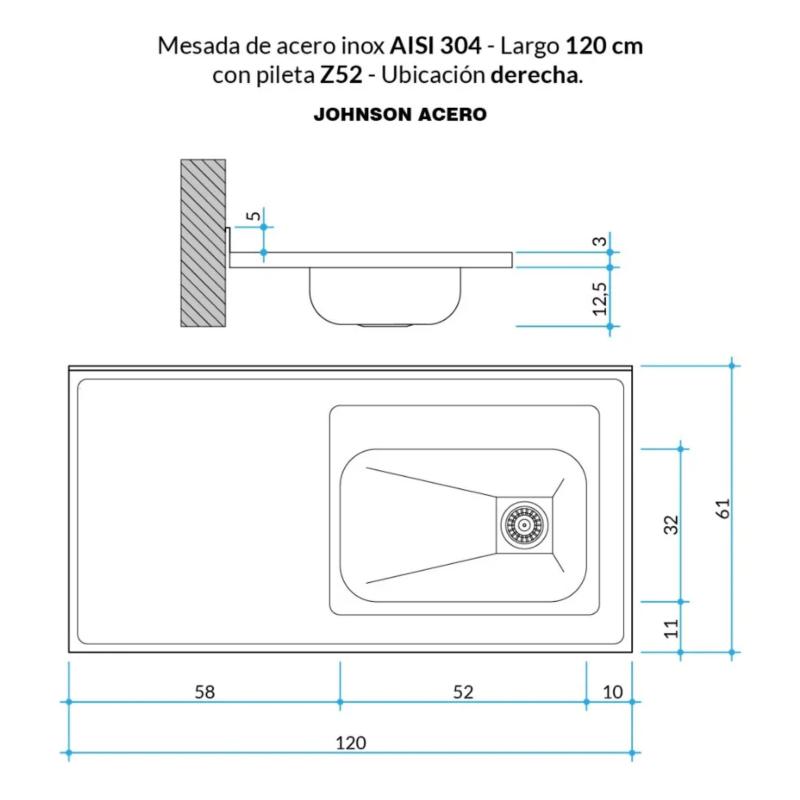 Mesada Cocina AISI 304 De 120cm Con Bacha Z52 Lado Derecha Johnson