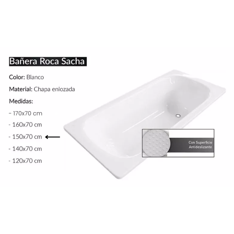 Bañera Chapa Enlozada 150x70 205LTS Blanca Roca Sacha