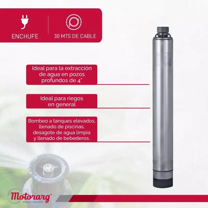 Bomba Sumergible Pozo Motorarg 4PACK80 30 mts Cable 0.8 Hp