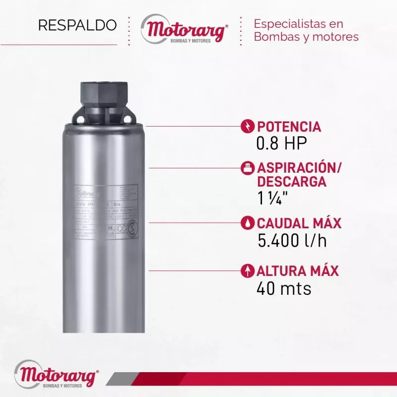 Bomba Sumergible Pozo Motorarg 4PACK80 30 mts Cable 0.8 Hp