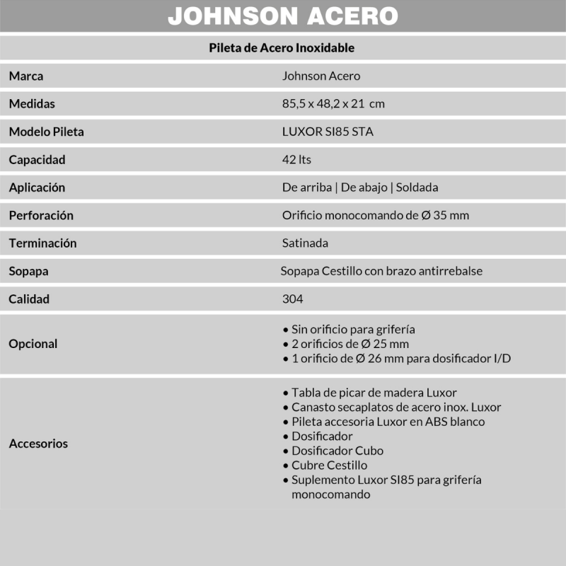 Bacha Cocina Johnson Si85 Luxor Satinada + Dosificador Apido