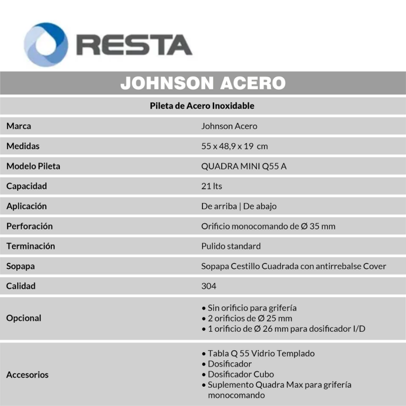 Bacha Cocina Q55A QUADRA MINI JOHNSON C/ANTIRREBALSE